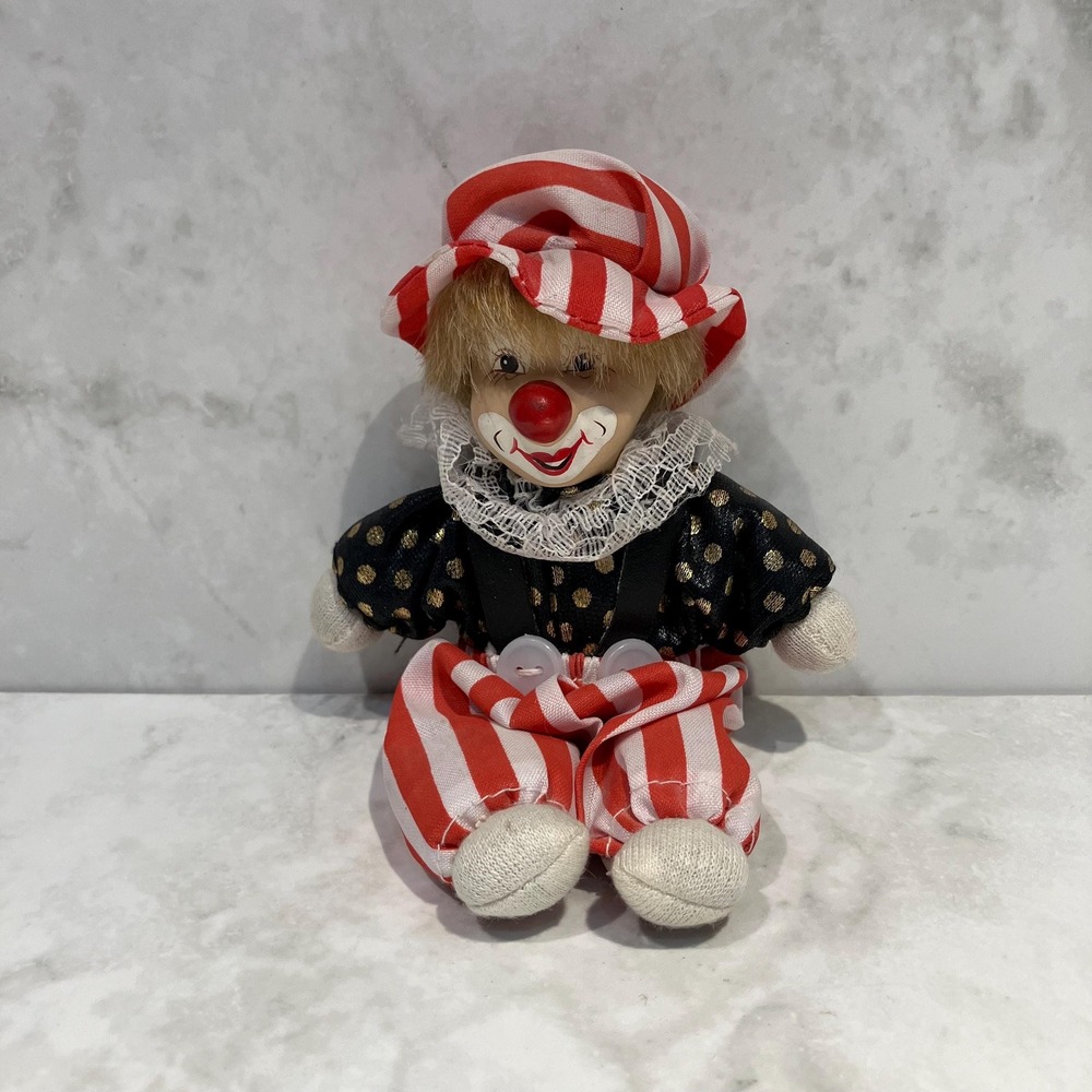 Vintage Patriotic Clown Doll with Ceramic Porcelain Head 5.5" Collectible